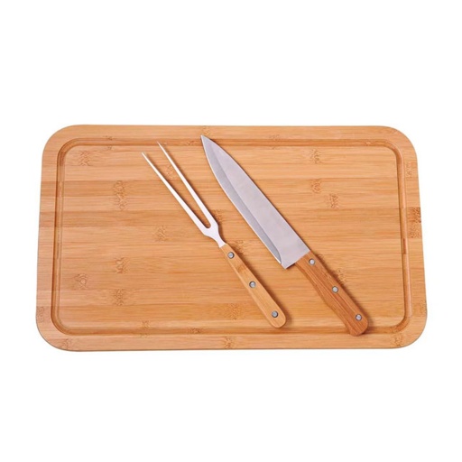 KIT ASADO TABLA BAMBU 50 x 30 + TENEDOR Y CUCHILLO