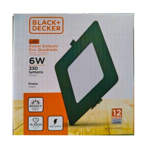 PANEL LED NEGRO EMBUTIR 6W LUZ CALIDA CUADRADO 12X12X2 CM BLACK + DECKER