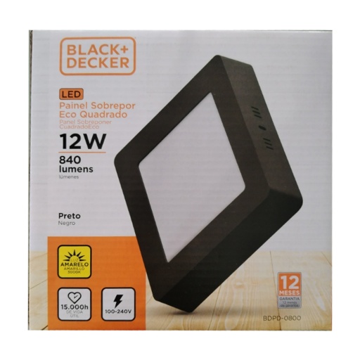 PANEL LED BLANCO DE APLICAR 12W 6500K CUADRADO 16X16X2.4CM BLACK + DECKER